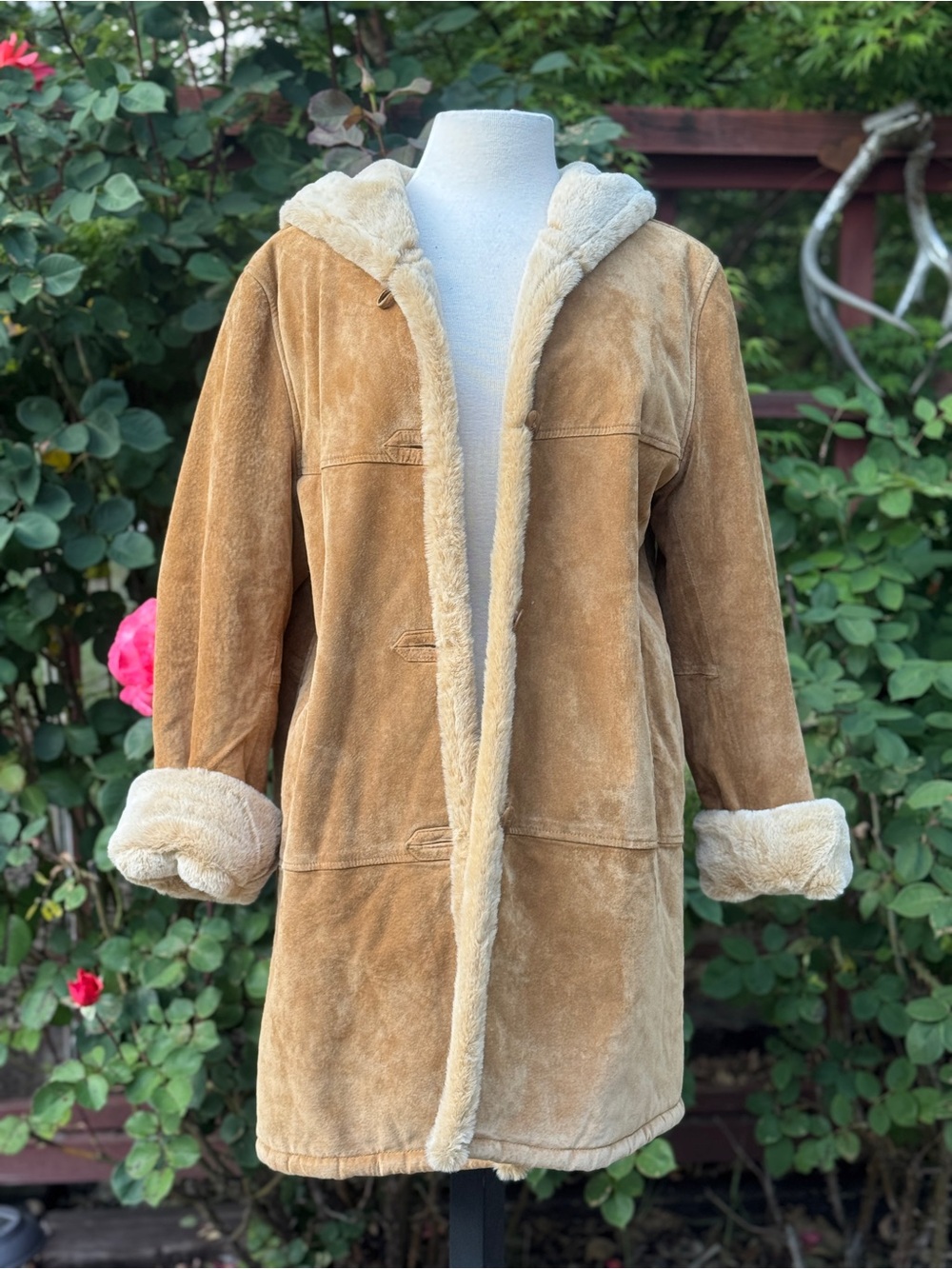 dennis basso Tan Suede Shearling Hooded Coat